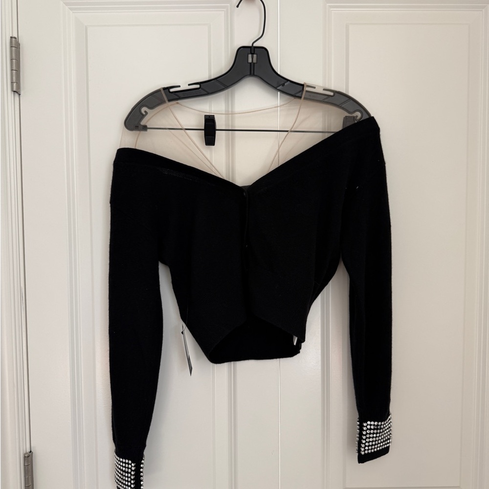 Alexander Wang Black Off-Shoulder Cropped Sweater with Rhinestone Cuffs